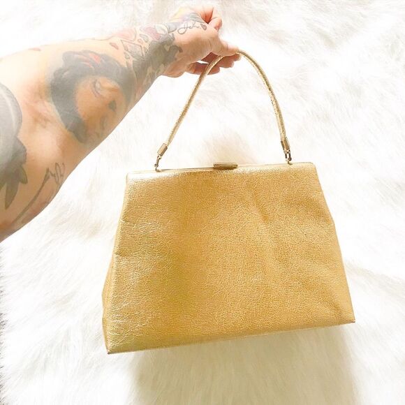 GOLD METALLIC 1950’s Lame Cocktail Handbag Purse - Picture 8 of 8